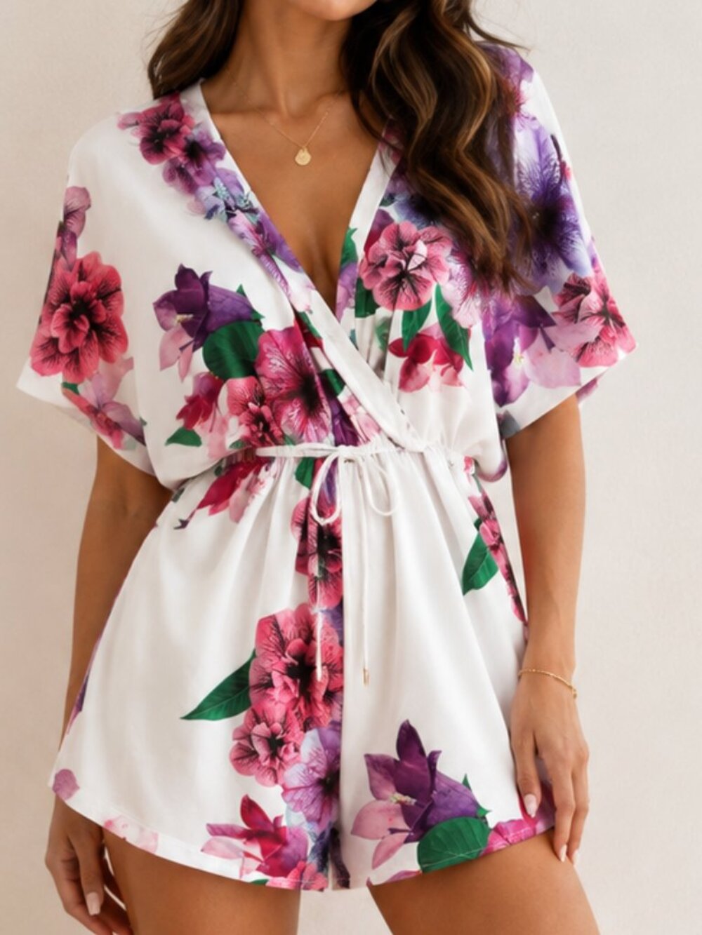 Hazel Floral Women's Romper (White with Pink & Purple Floral)